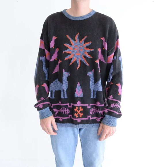 Other - 90S Loop Knitwear  Black And Purple Aztec Camel Birds Crew Neck Sweater Medium